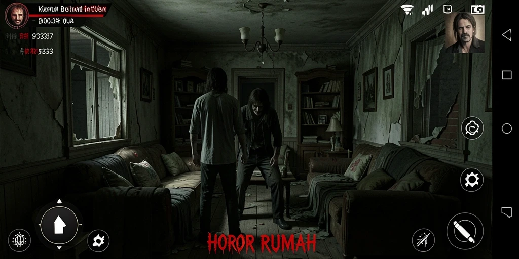 Antarmuka game Horor Rumah yang penuh misteri dan atmosfer mencekam.